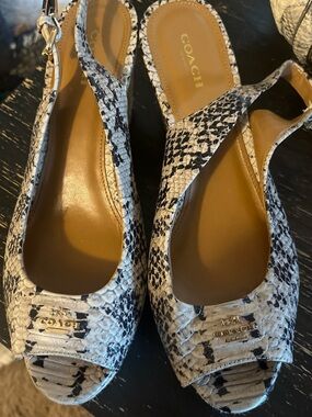 COACH Black & White Snake-Embossed Slingback Heels